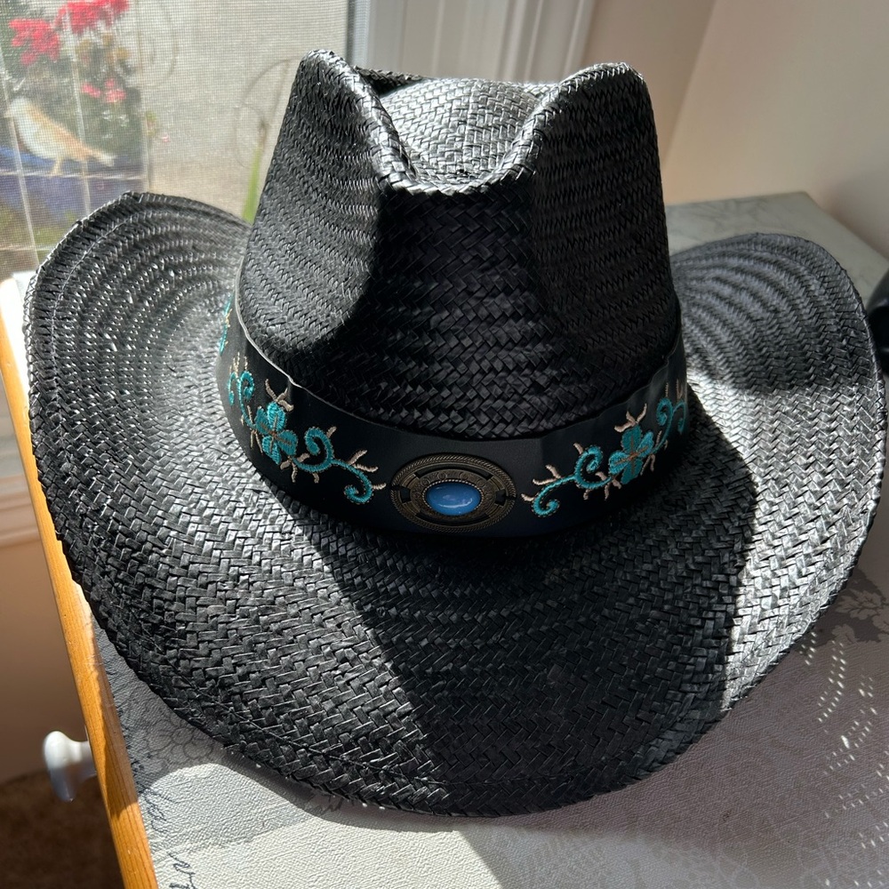 NWT Black Woven Cowboy Hat with Blue Embroidery - Picture 1 of 4